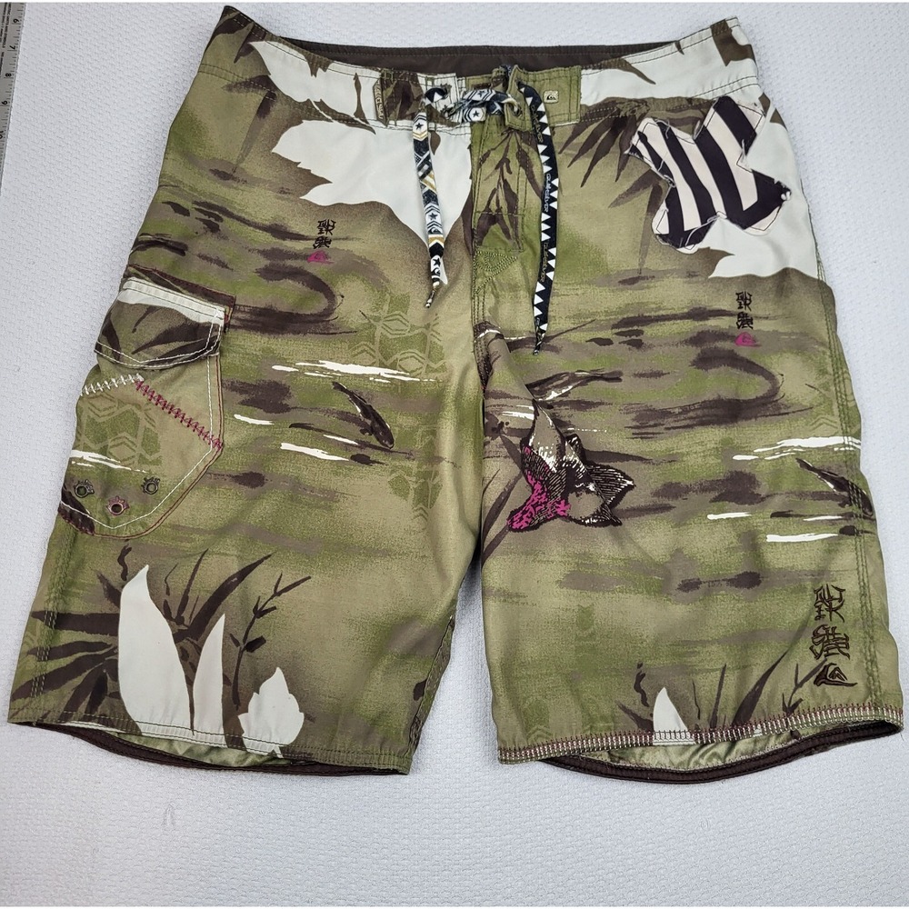 Vintage Rare Quicksilver Board Shorts Mens 33 Brown Camo Patch Work Asian‎ Motif